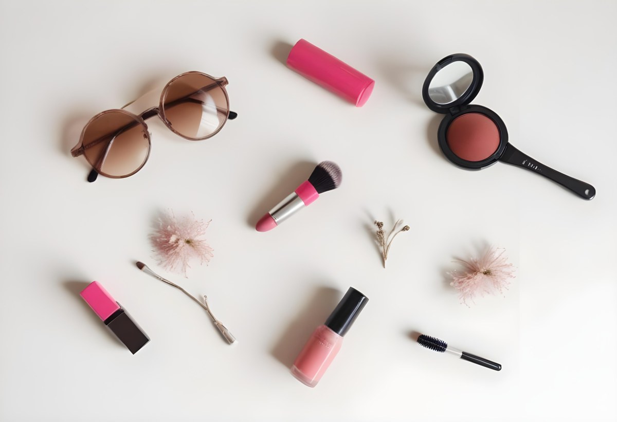 Sunglasses With Brown Lenses A Pink Hairband Pink Lipstick A Brown Lipstick Pink Nail Polish A Round Makeup Brush Small Silver Earrings Dried Flowers And False Eyelashes Arranged On A Light Colored Surface 9 Da8f
