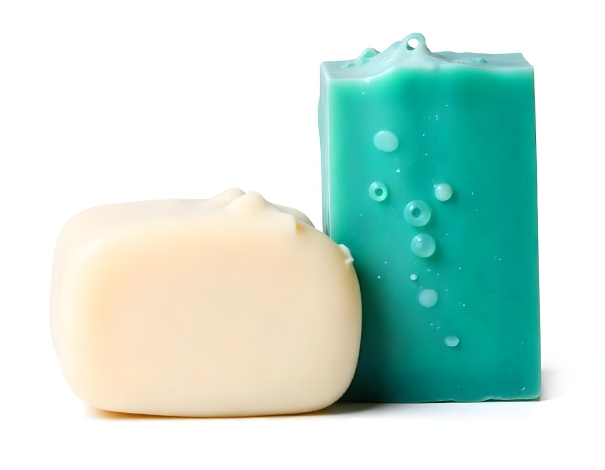 Two Bars Of Soap One White And One Green With Bubbles On Top In A White Background 1 719b