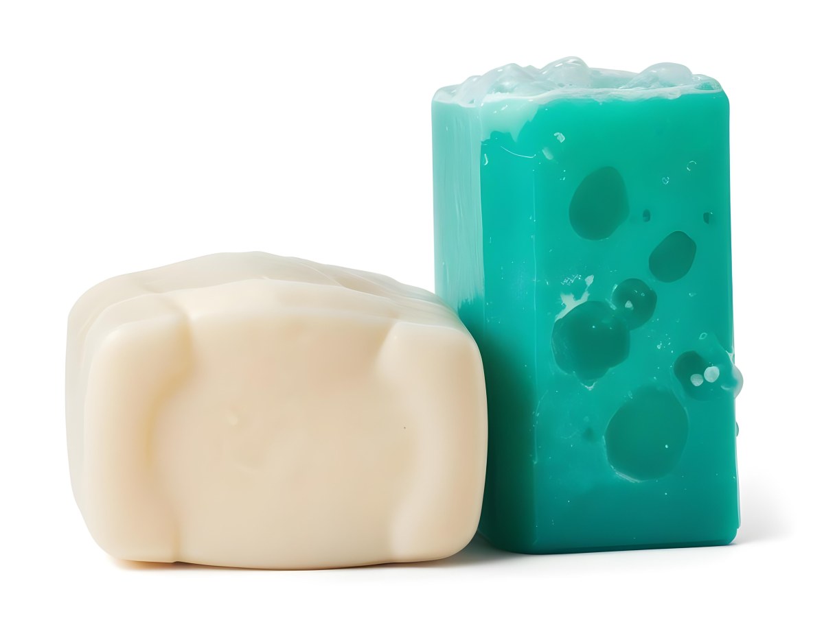 Two Bars Of Soap One White And One Green With Bubbles On Top In A White Background 14 5ccf