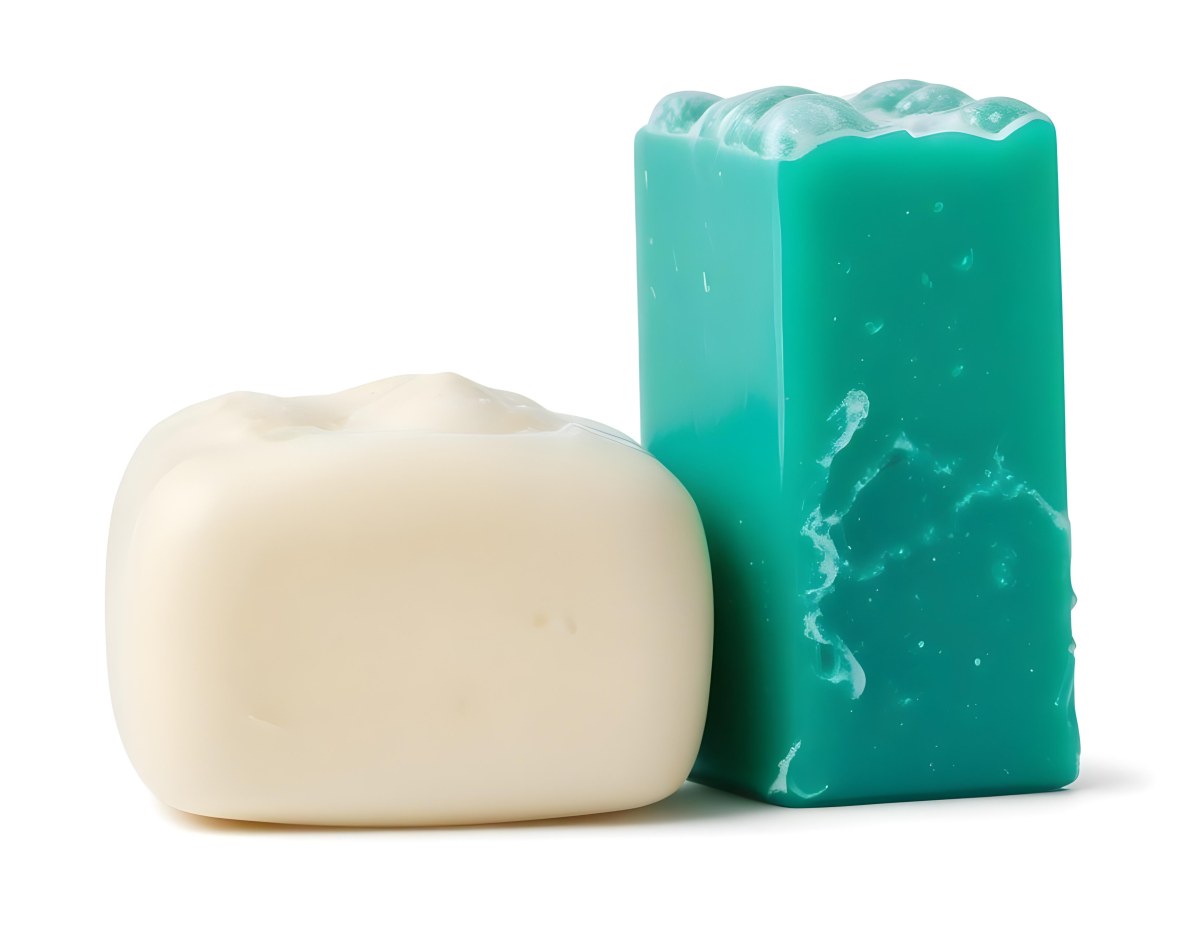 Two Bars Of Soap One White And One Green With Bubbles On Top In A White Background 15 9be1