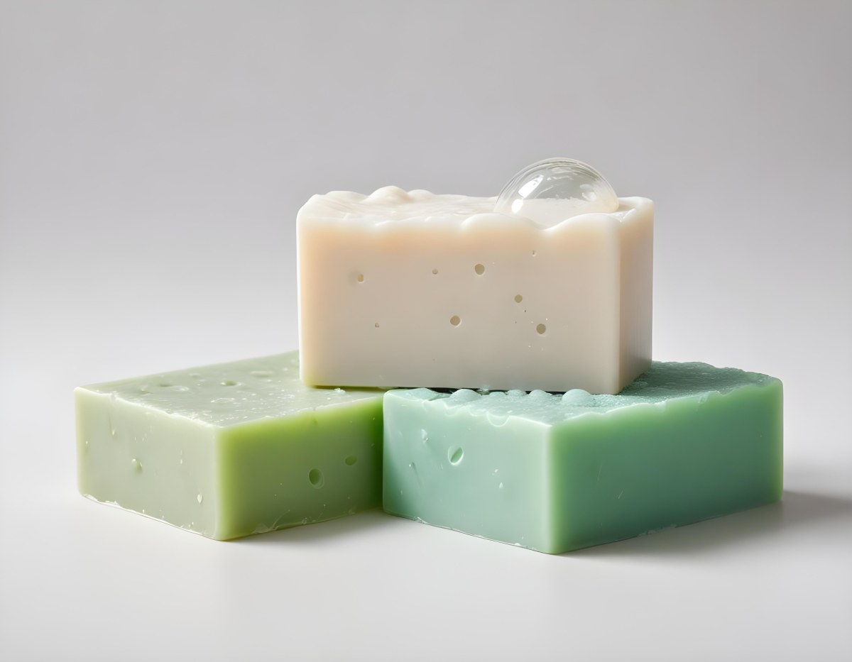 Two Bars Of Soap One White And One Green With Bubbles On Top In A White Background 19 C3f0
