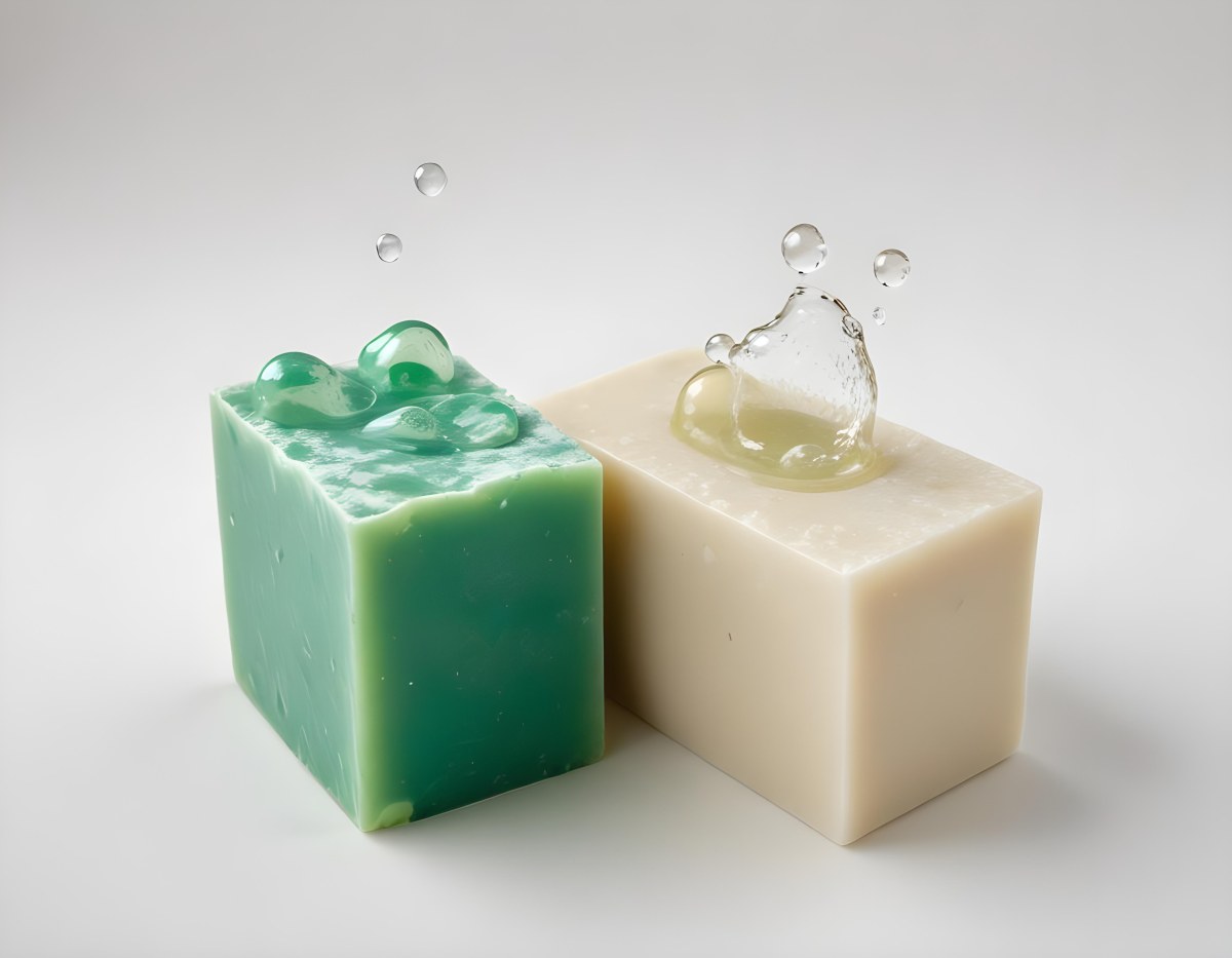 Two Bars Of Soap One White And One Green With Bubbles On Top In A White Background 20 2583