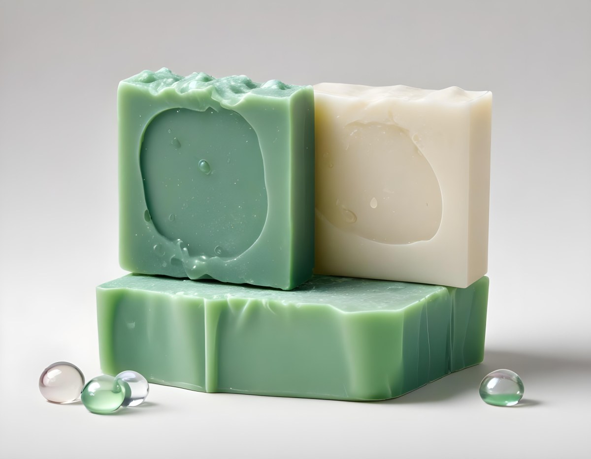 Two Bars Of Soap One White And One Green With Bubbles On Top In A White Background 22 37d3