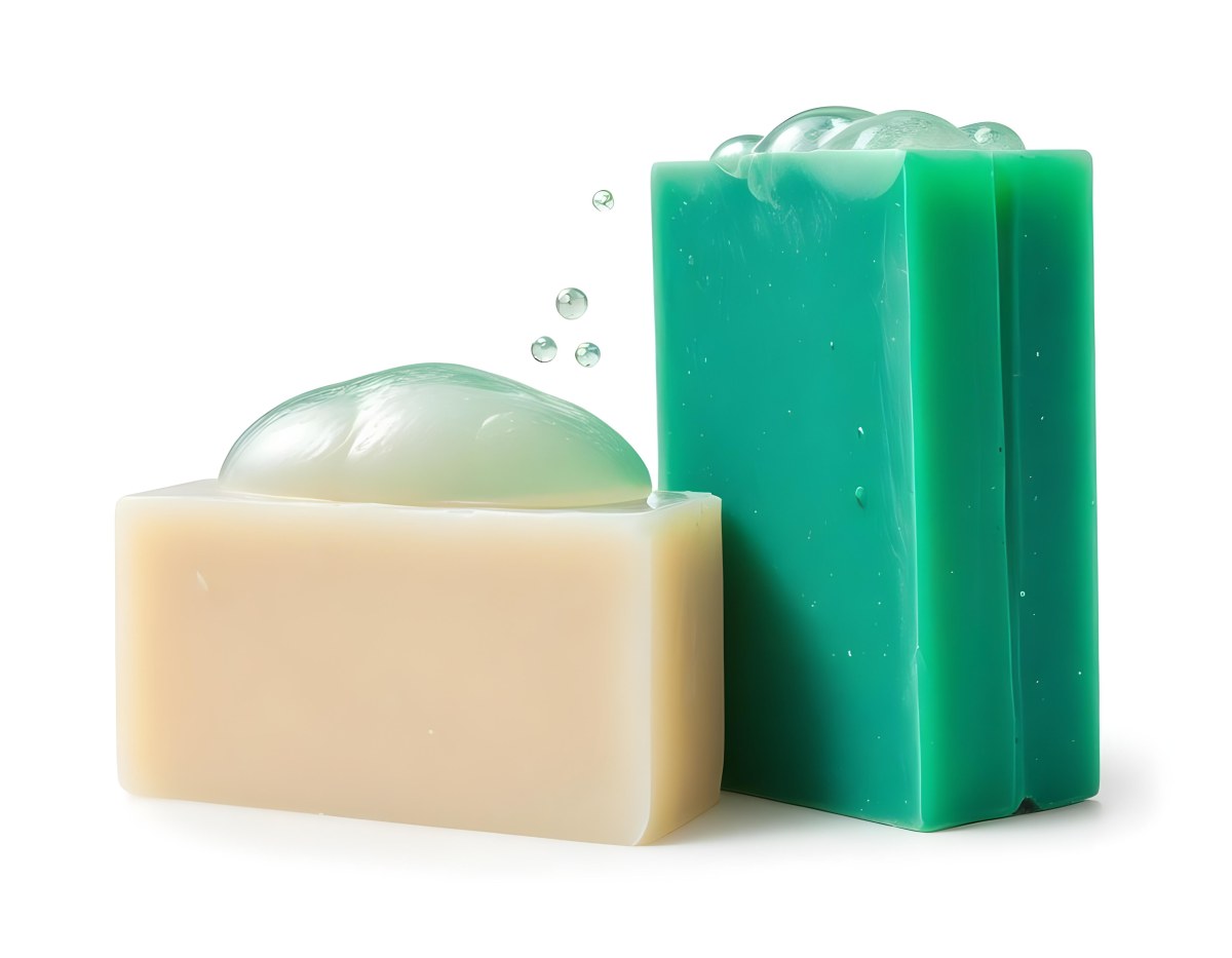 Two Bars Of Soap One White And One Green With Bubbles On Top In A White Background 5 04ed