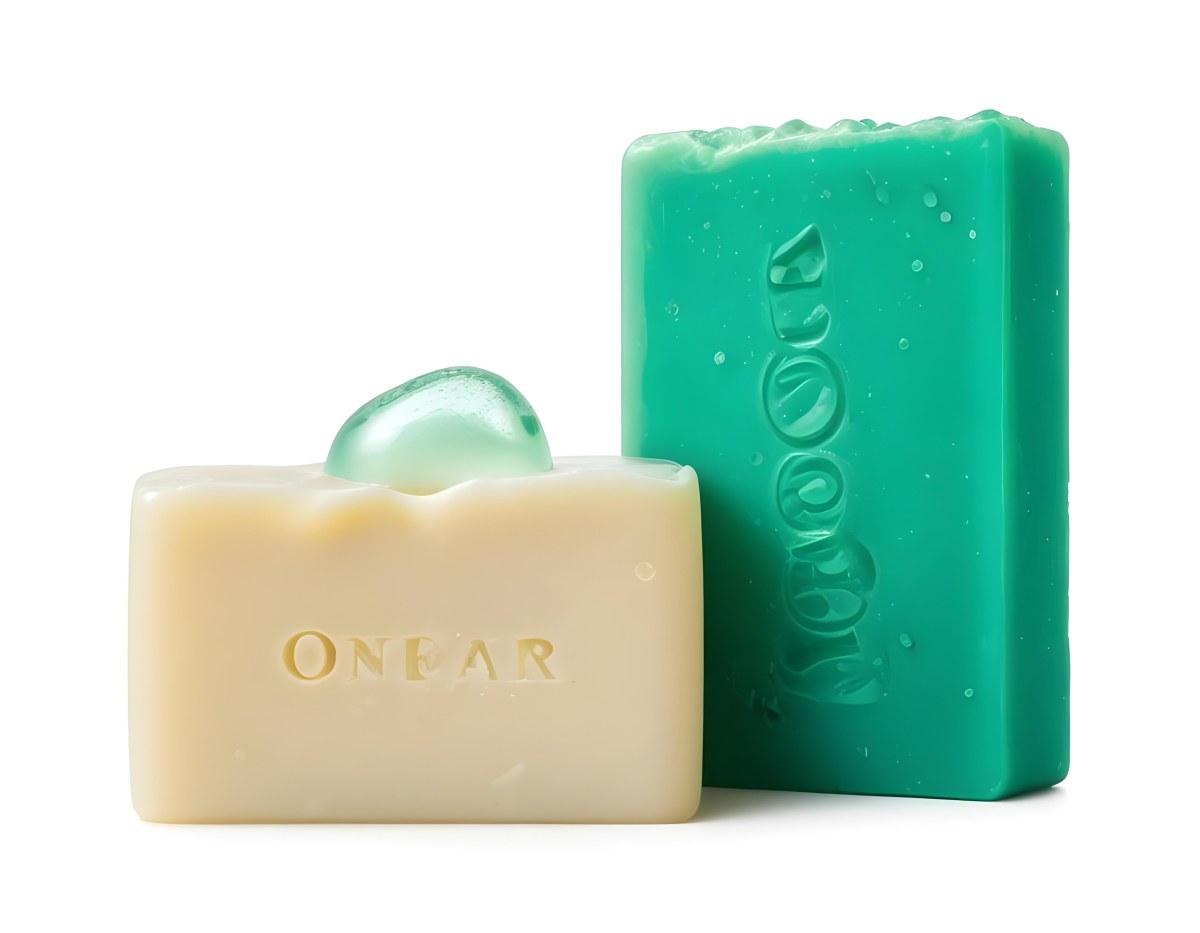 Two Bars Of Soap One White And One Green With Bubbles On Top In A White Background 7 01f6