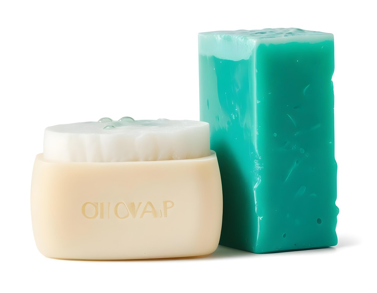 Two Bars Of Soap One White And One Green With Bubbles On Top In A White Background 9 335c