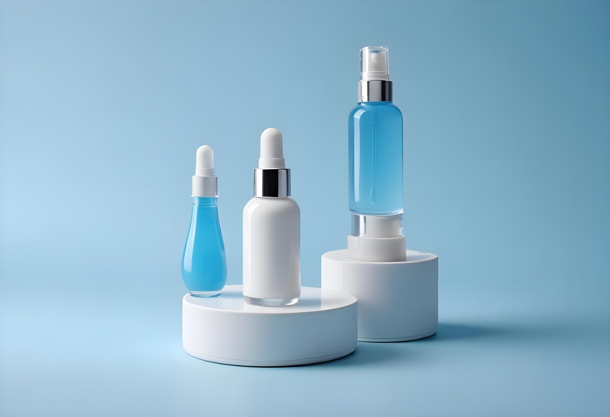 Two Cosmetic Bottles With Droppers One With A Blue Liquid And The Other Transparent On Top Of White Platforms With A Light Blue Background 1 8834