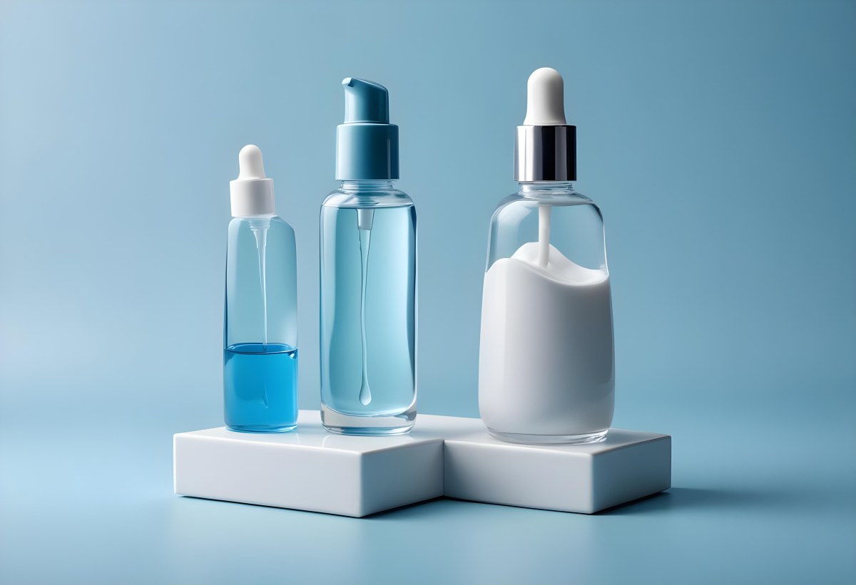 Two Cosmetic Bottles With Droppers One With A Blue Liquid And The Other Transparent On Top Of White Platforms With A Light Blue Background 19 Fbc0