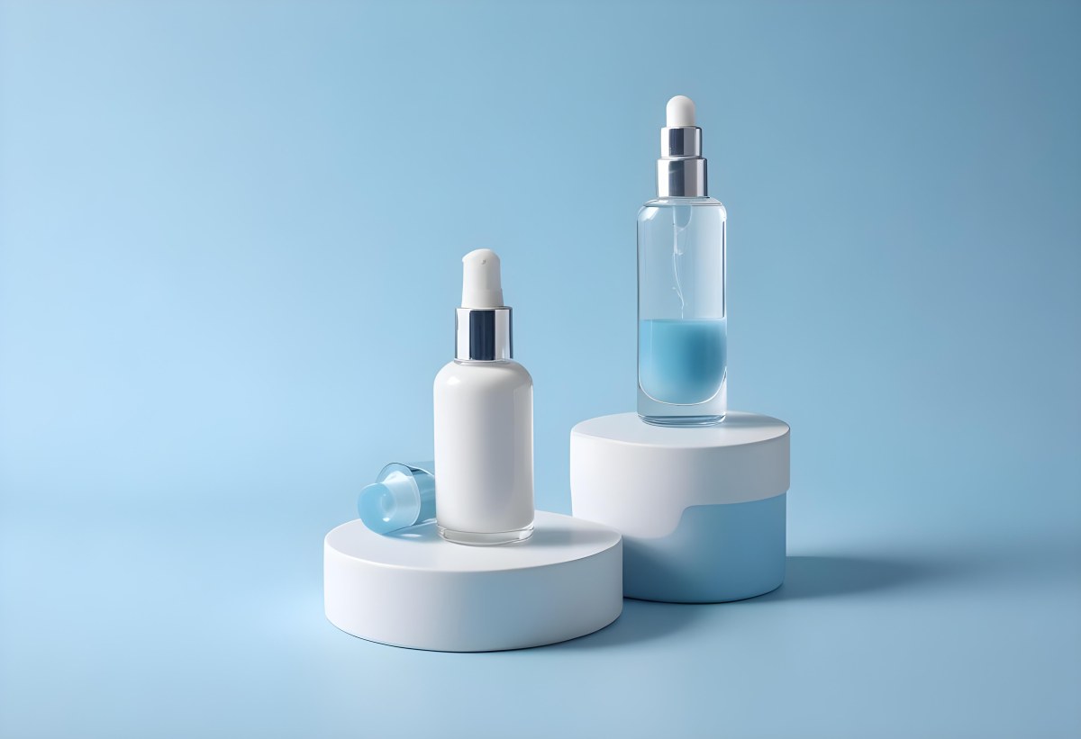 Two Cosmetic Bottles With Droppers One With A Blue Liquid And The Other Transparent On Top Of White Platforms With A Light Blue Background 22 D492