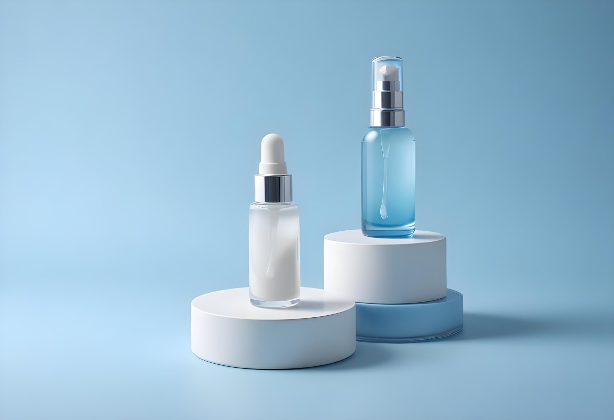 Two Cosmetic Bottles With Droppers One With A Blue Liquid And The Other Transparent On Top Of White Platforms With A Light Blue Background 31 E421