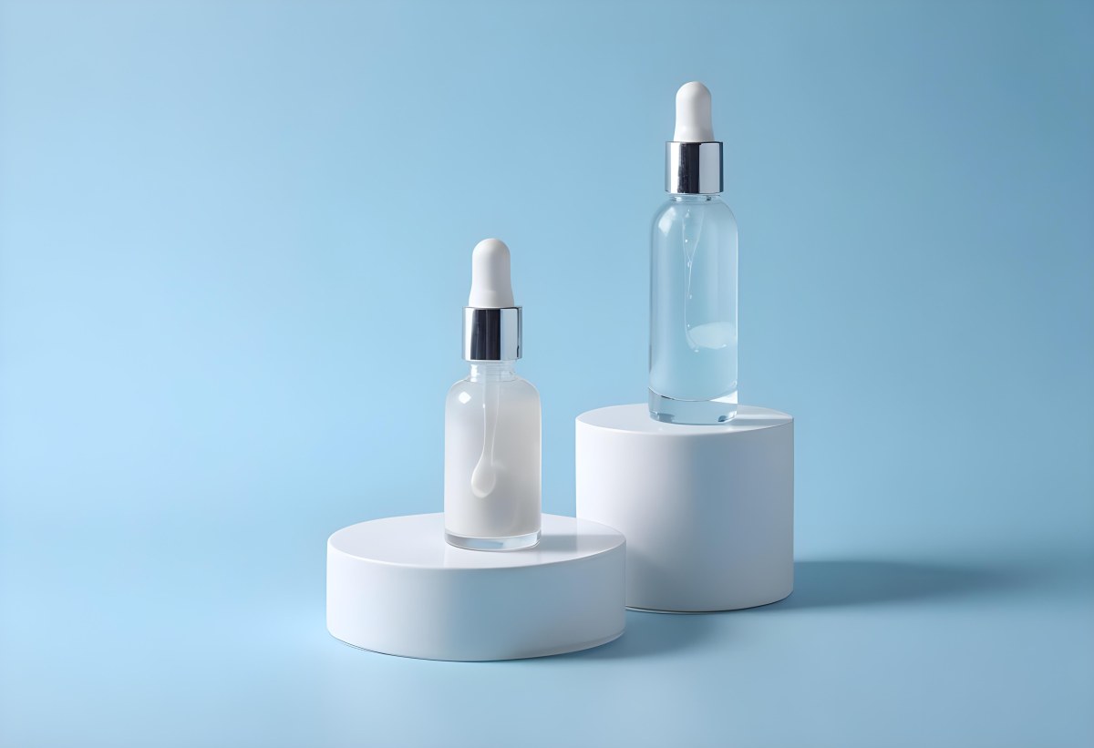 Two Cosmetic Bottles With Droppers One With A Blue Liquid And The Other Transparent On Top Of White Platforms With A Light Blue Background 44 043c