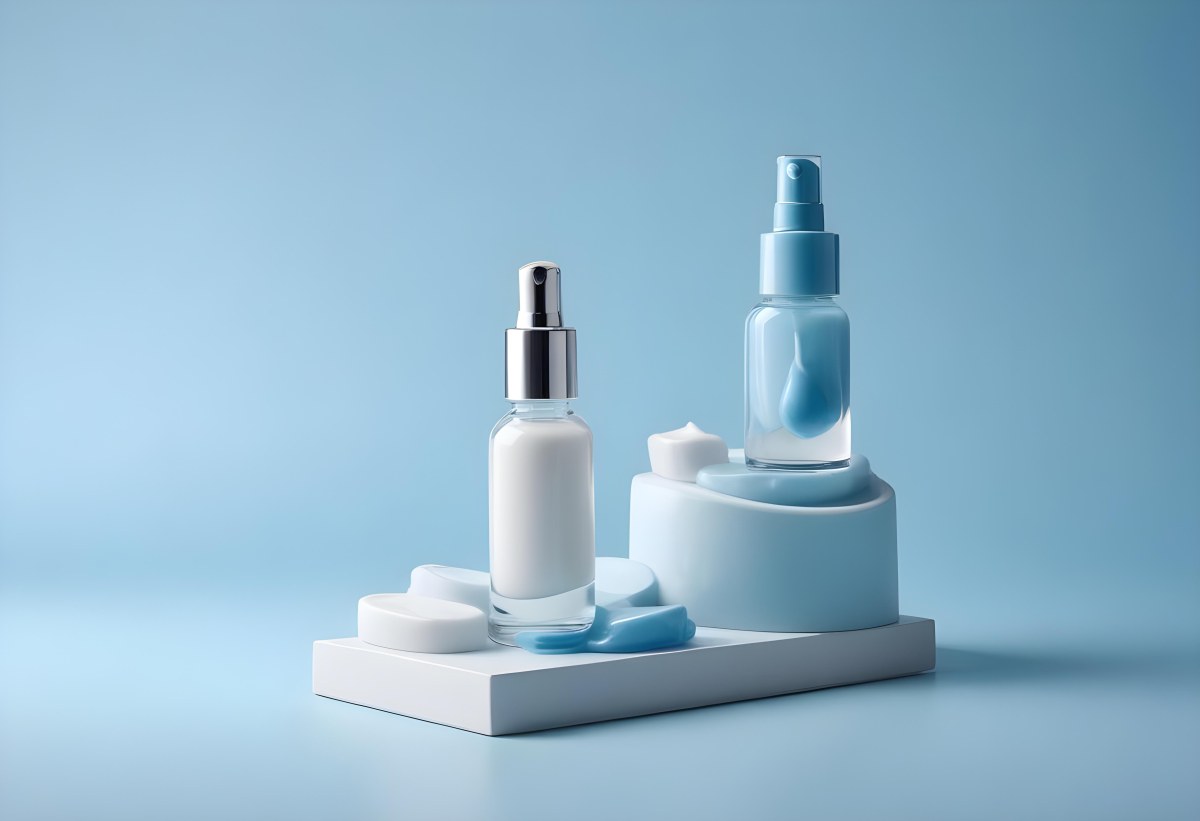 Two Cosmetic Bottles With Droppers One With A Blue Liquid And The Other Transparent On Top Of White Platforms With A Light Blue Background 45 9b74