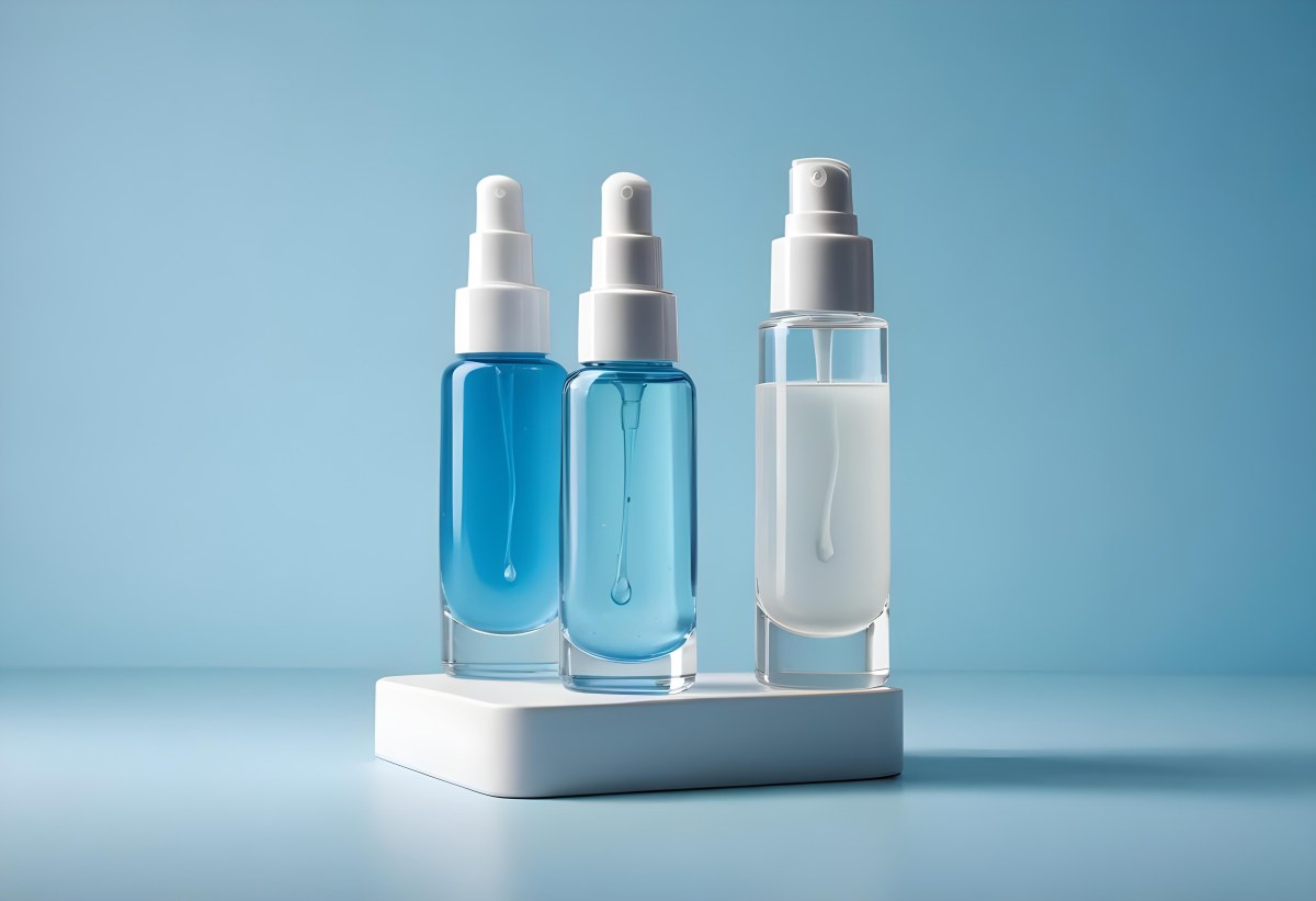 Two Cosmetic Bottles With Droppers One With A Blue Liquid And The Other Transparent On Top Of White Platforms With A Light Blue Background 47 963f