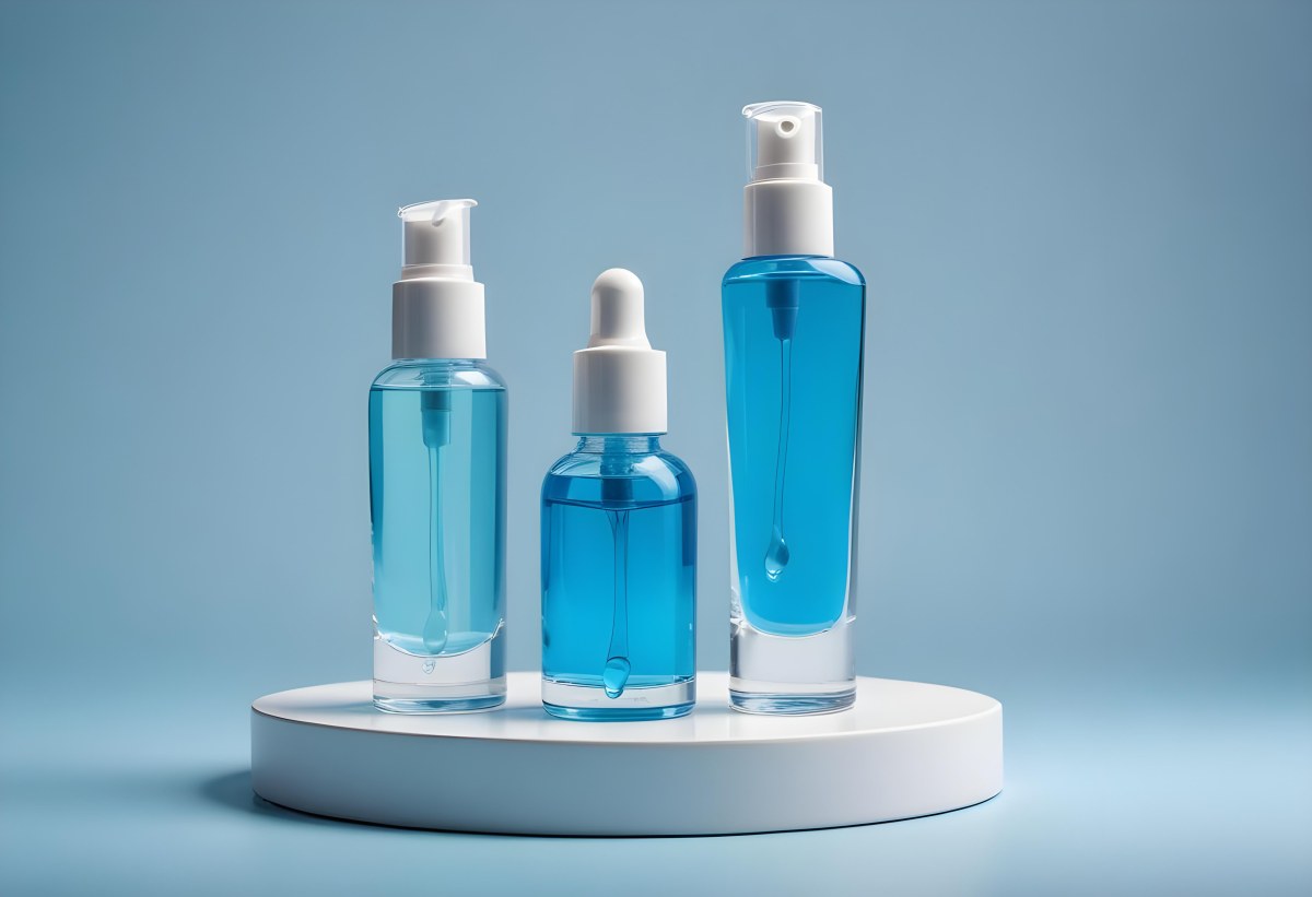 Two Cosmetic Bottles With Droppers One With A Blue Liquid And The Other Transparent On Top Of White Platforms With A Light Blue Background 49 8fc3