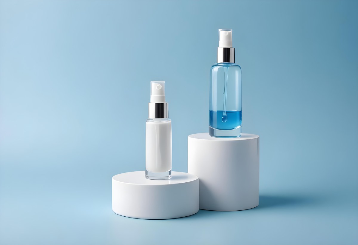 Two Cosmetic Bottles With Droppers One With A Blue Liquid And The Other Transparent On Top Of White Platforms With A Light Blue Background 5 C67d