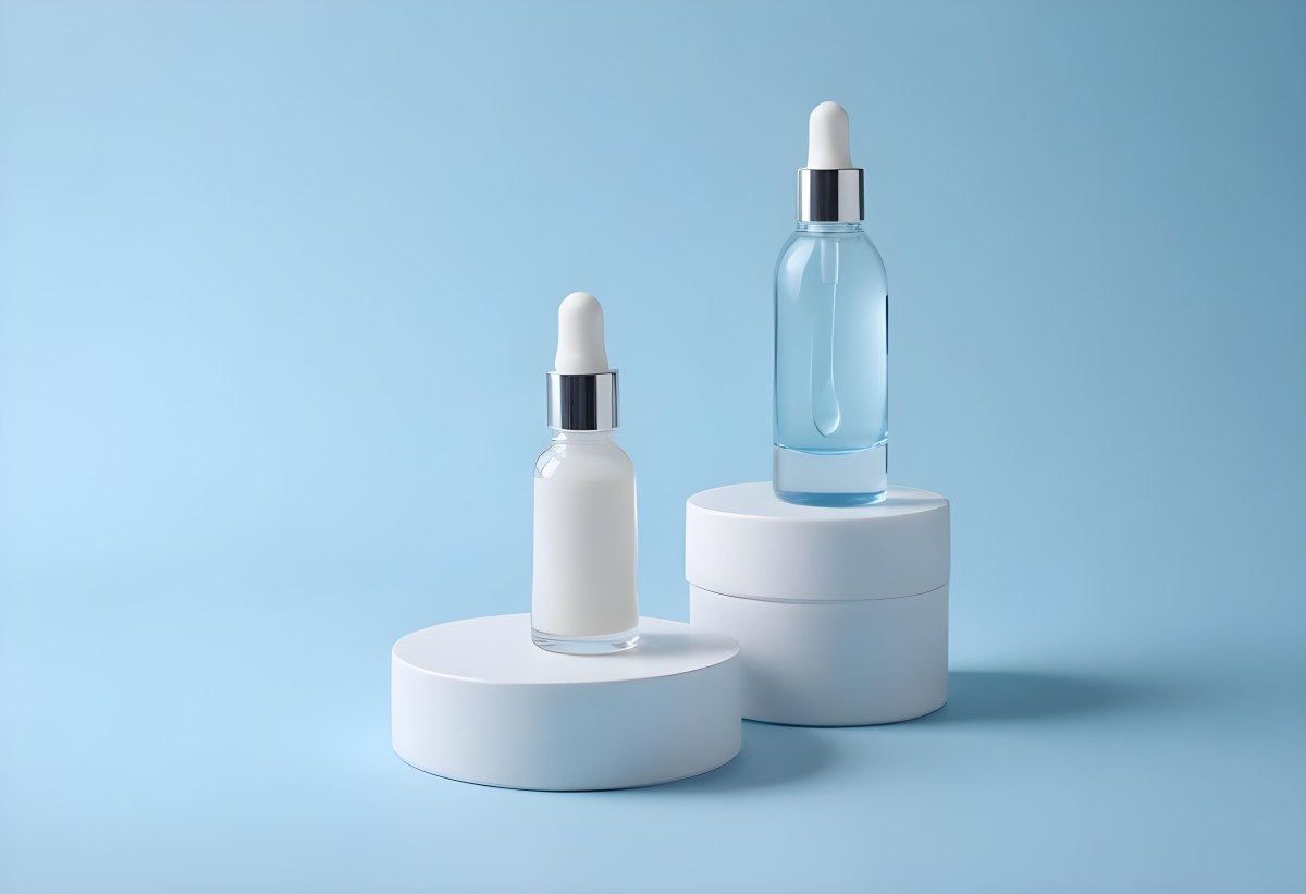 Two Cosmetic Bottles With Droppers One With A Blue Liquid And The Other Transparent On Top Of White Platforms With A Light Blue Background 9 21ff