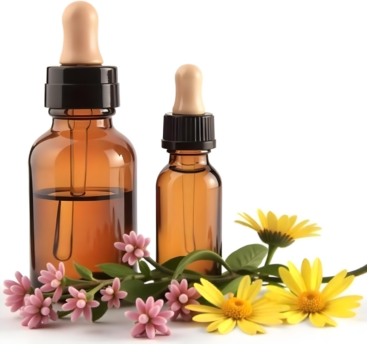 Two Glass Bottles Of Essential Oil With Flowers And Leaves In The Background Set In A Bright Sunny Day With Soft Natural Light 16 F21c