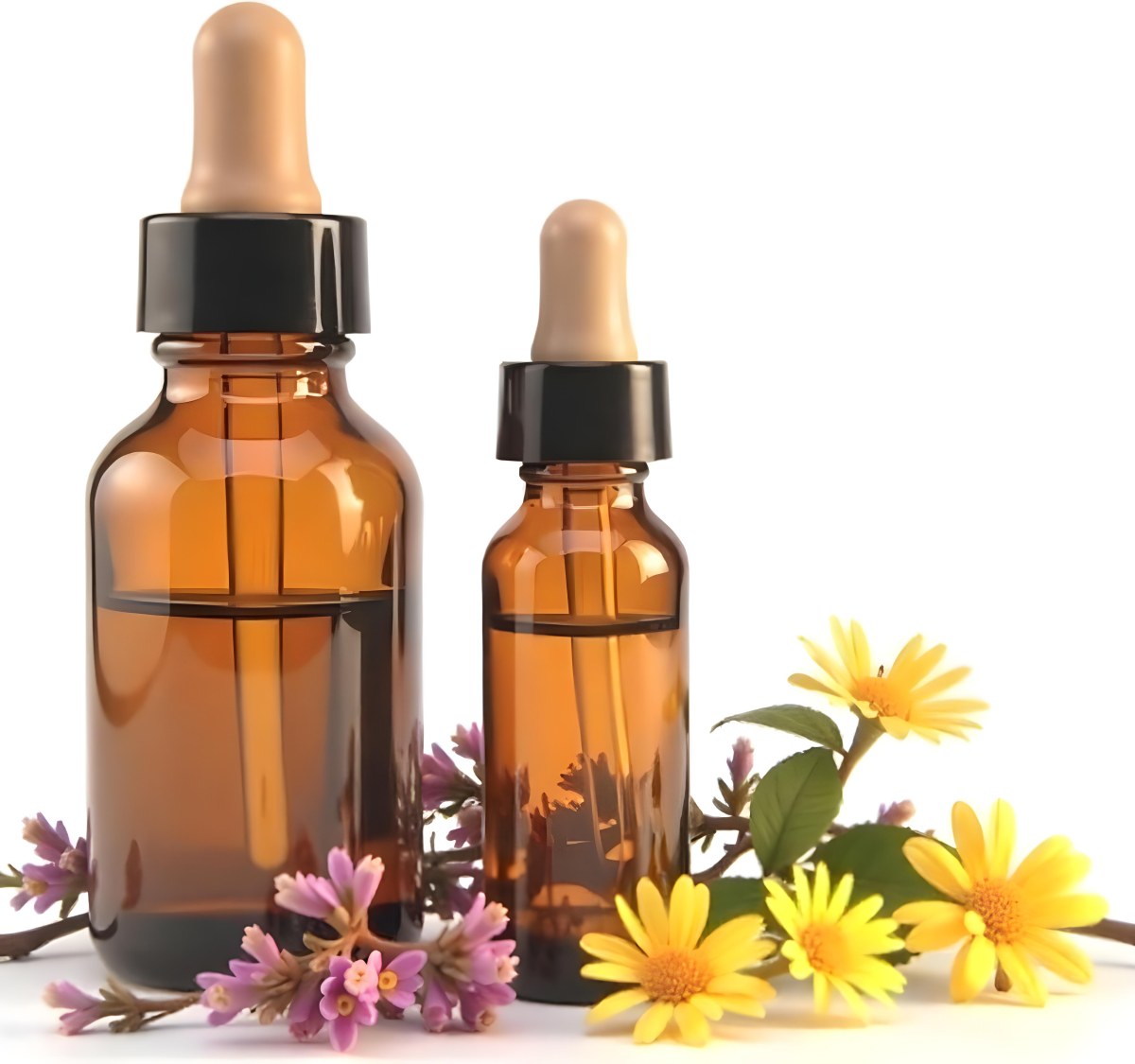 Two Glass Bottles Of Essential Oil With Flowers And Leaves In The Background Set In A Bright Sunny Day With Soft Natural Light 19 8709