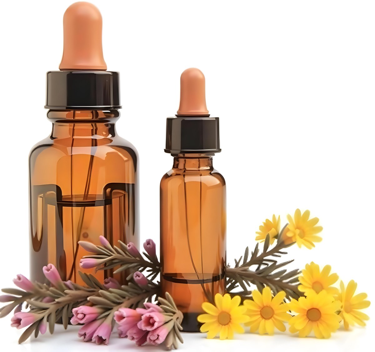 Two Glass Bottles Of Essential Oil With Flowers And Leaves In The Background Set In A Bright Sunny Day With Soft Natural Light 24 Ab8d