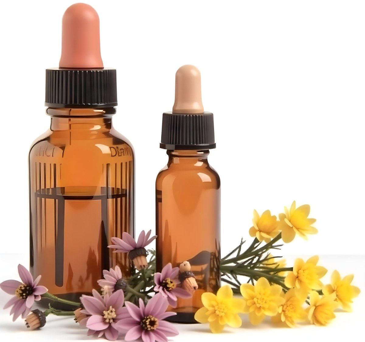 Two Glass Bottles Of Essential Oil With Flowers And Leaves In The Background Set In A Bright Sunny Day With Soft Natural Light 25 8e7f