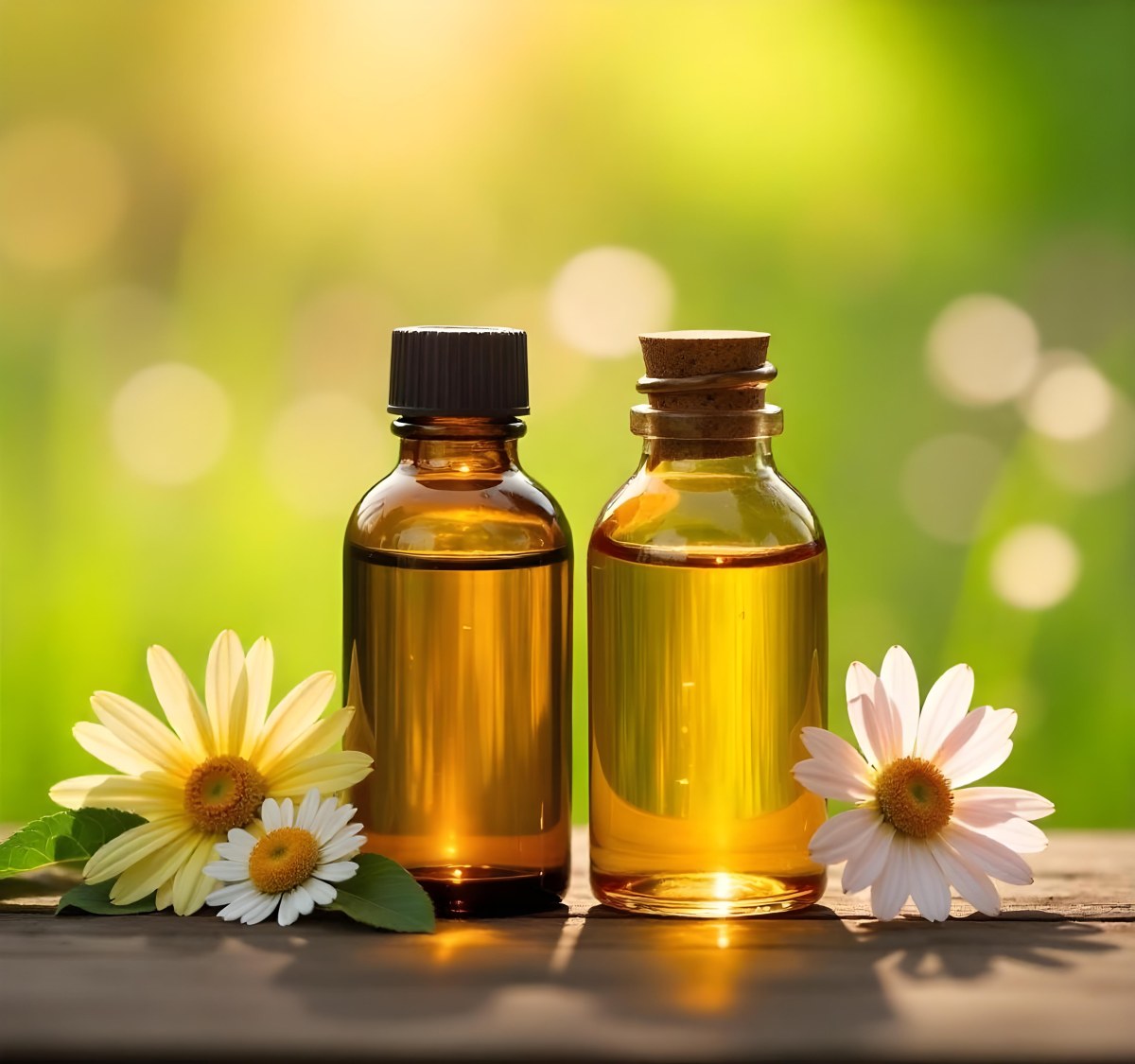Two Glass Bottles Of Essential Oil With Flowers And Leaves In The Background Set In A Bright Sunny Day With Soft Natural Light 26 5463