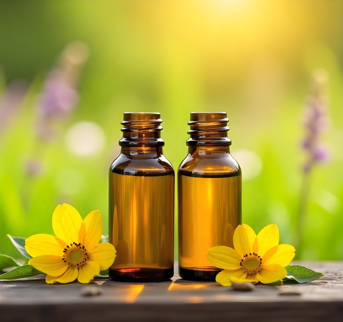 Two Glass Bottles Of Essential Oil With Flowers And Leaves In The Background Set In A Bright Sunny Day With Soft Natural Light 29 943b