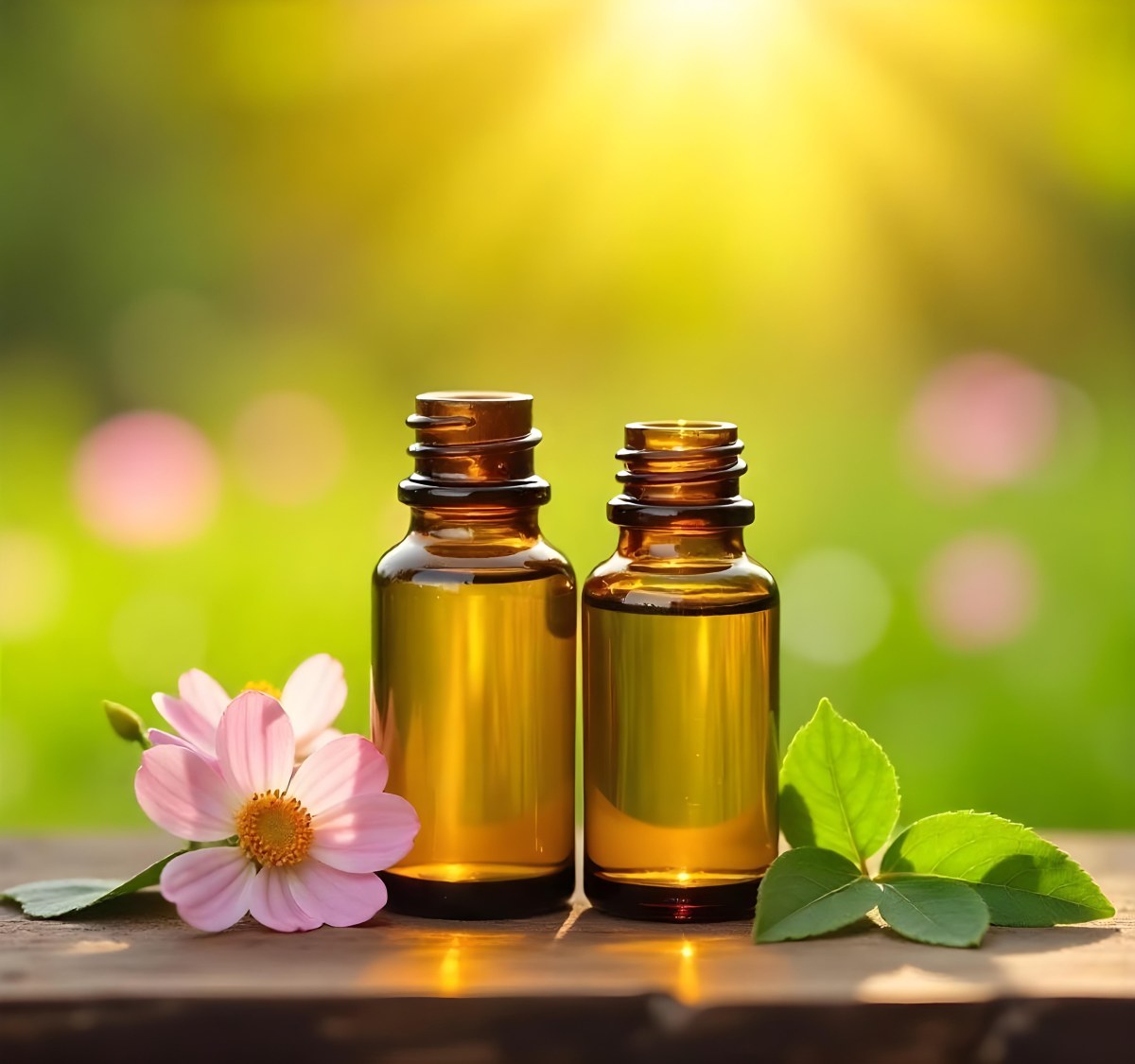 Two Glass Bottles Of Essential Oil With Flowers And Leaves In The Background Set In A Bright Sunny Day With Soft Natural Light 33 3183