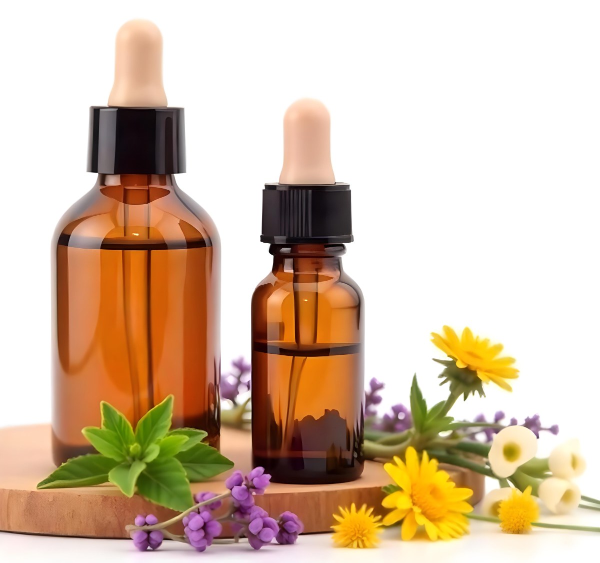 Two Glass Bottles Of Essential Oil With Flowers And Leaves In The Background Set In A Bright Sunny Day With Soft Natural Light 34 0cd9