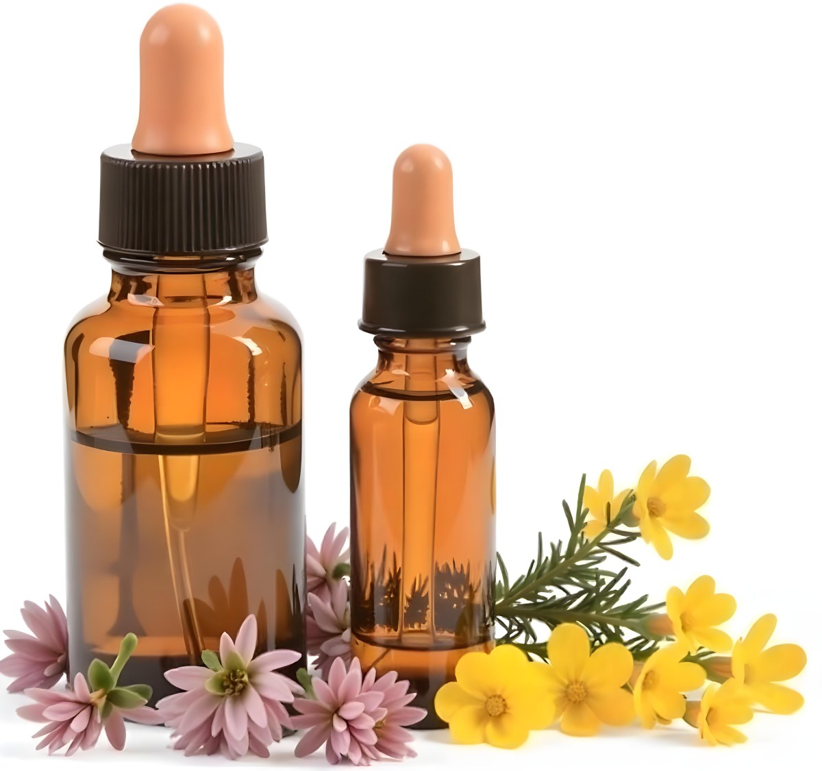 Two Glass Bottles Of Essential Oil With Flowers And Leaves In The Background Set In A Bright Sunny Day With Soft Natural Light 39 2201