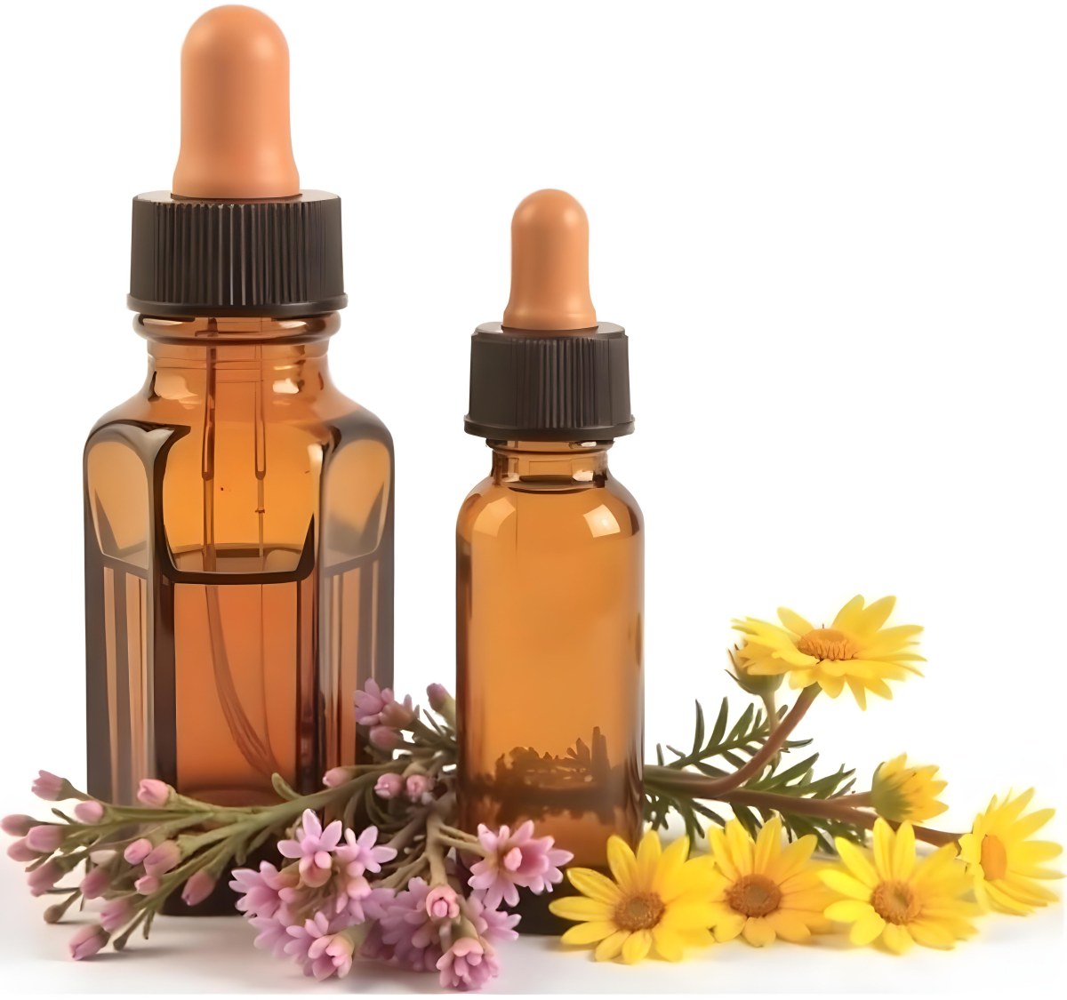 Two Glass Bottles Of Essential Oil With Flowers And Leaves In The Background Set In A Bright Sunny Day With Soft Natural Light 4 551e