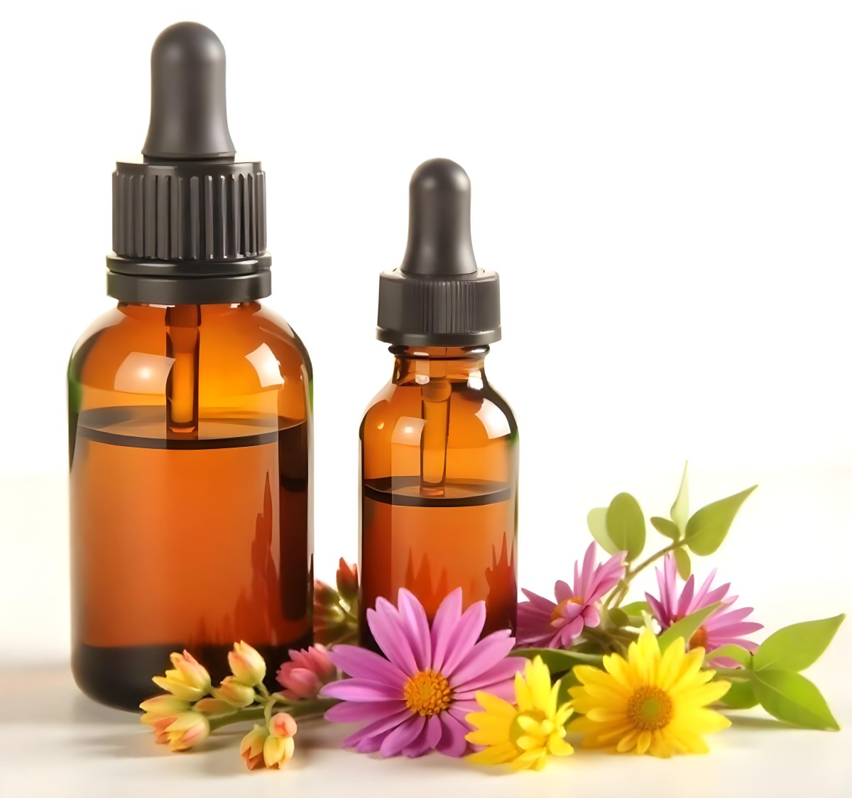 Two Glass Bottles Of Essential Oil With Flowers And Leaves In The Background Set In A Bright Sunny Day With Soft Natural Light 40 6fce