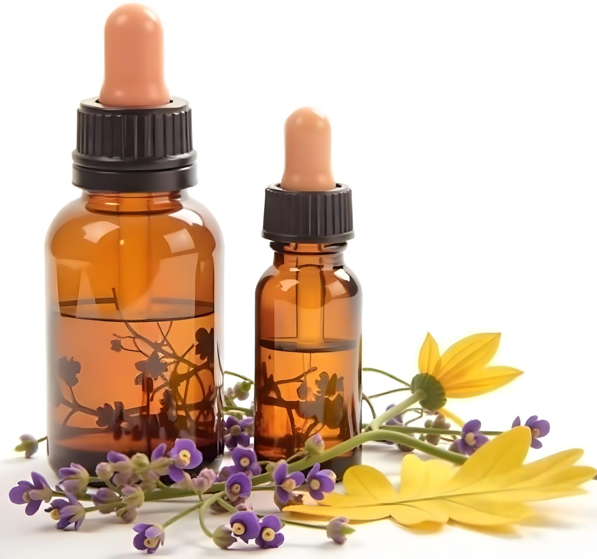 Two Glass Bottles Of Essential Oil With Flowers And Leaves In The Background Set In A Bright Sunny Day With Soft Natural Light 5 Cc79