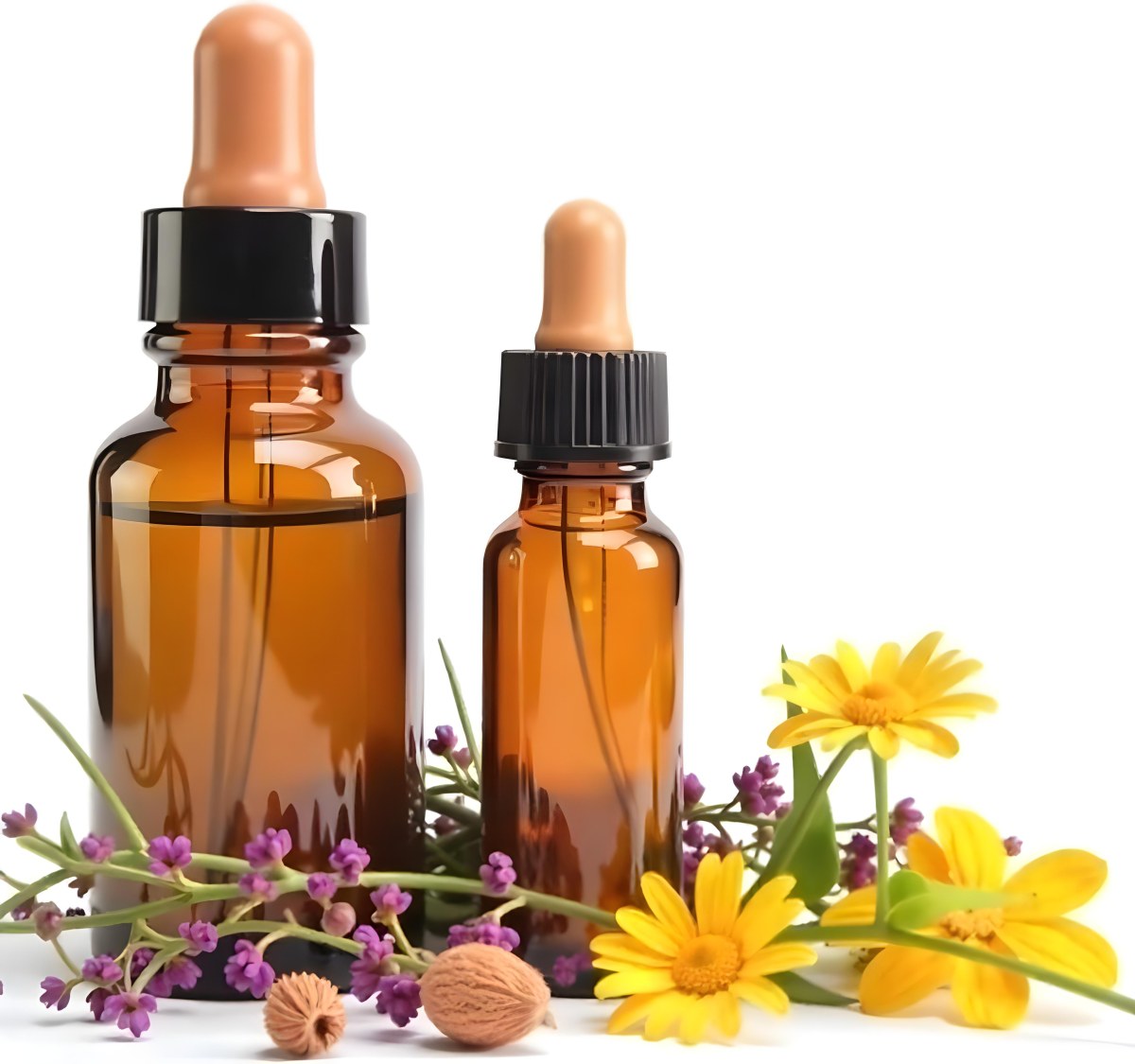 Two Glass Bottles Of Essential Oil With Flowers And Leaves In The Background Set In A Bright Sunny Day With Soft Natural Light 8 29c2