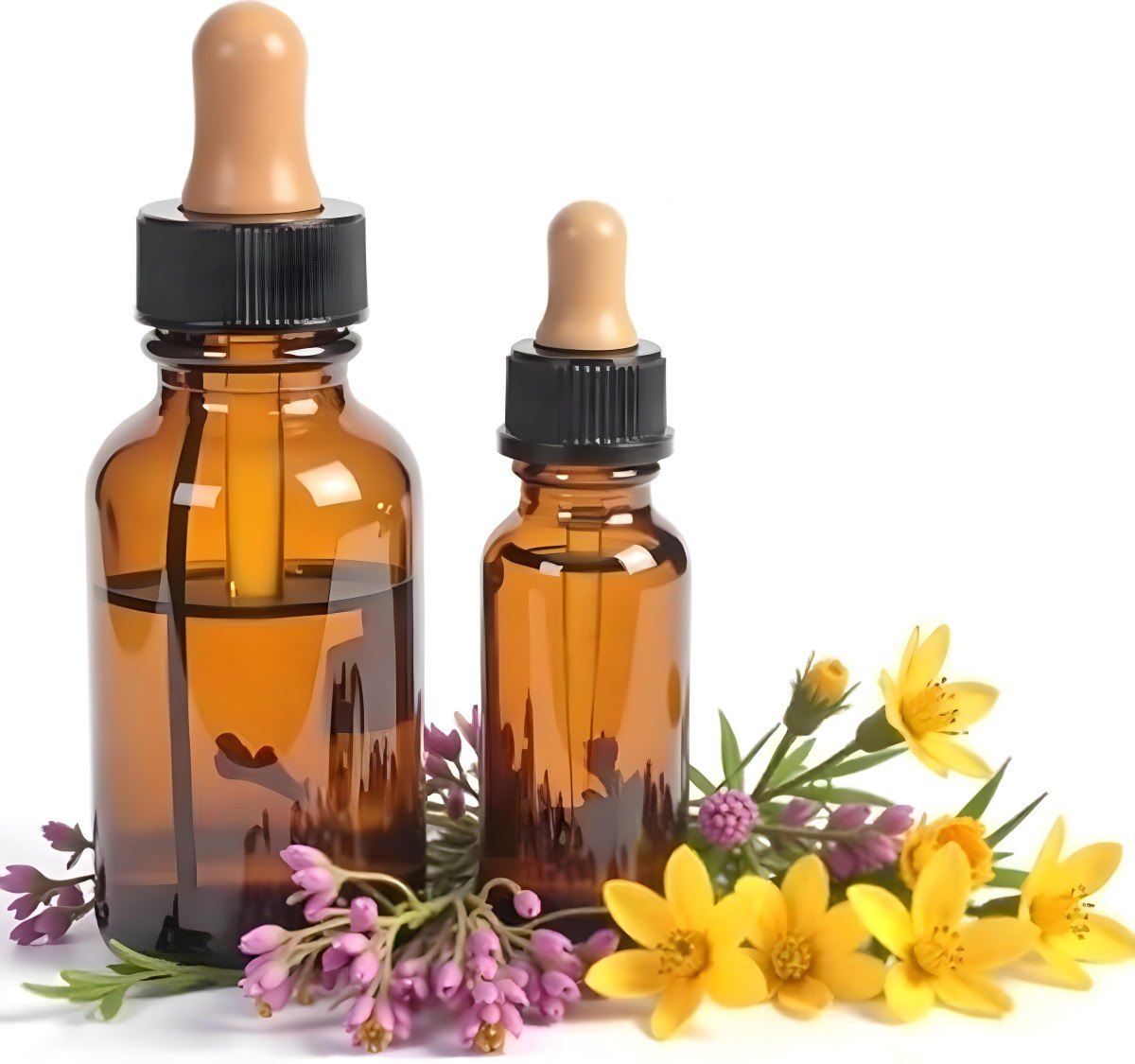 Two Glass Bottles Of Essential Oil With Flowers And Leaves In The Background Set In A Bright Sunny Day With Soft Natural Light 9 19f3