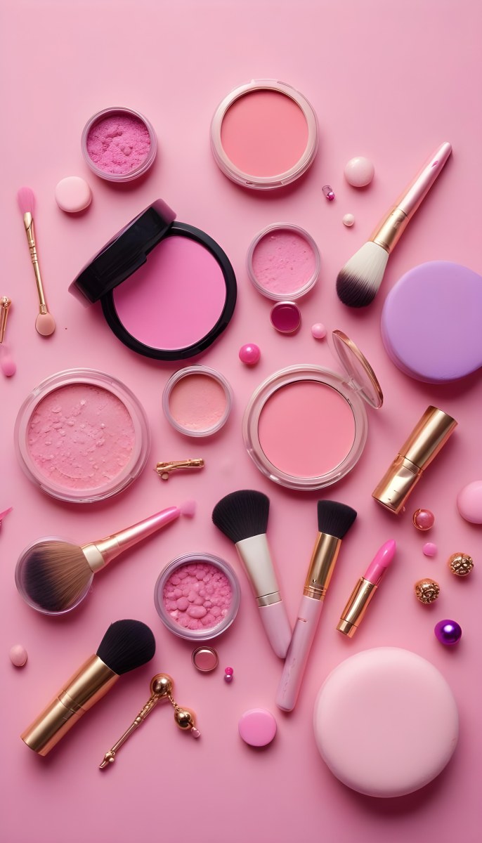 Various Makeup Products In Shades Of Pink Arranged On A Pink Background Including Blush Lip Gloss And Loose Powder Along With Makeup Brushes And Decorative Pink Beads Along With Various Makeup Products In Shades Of P 5 8d40