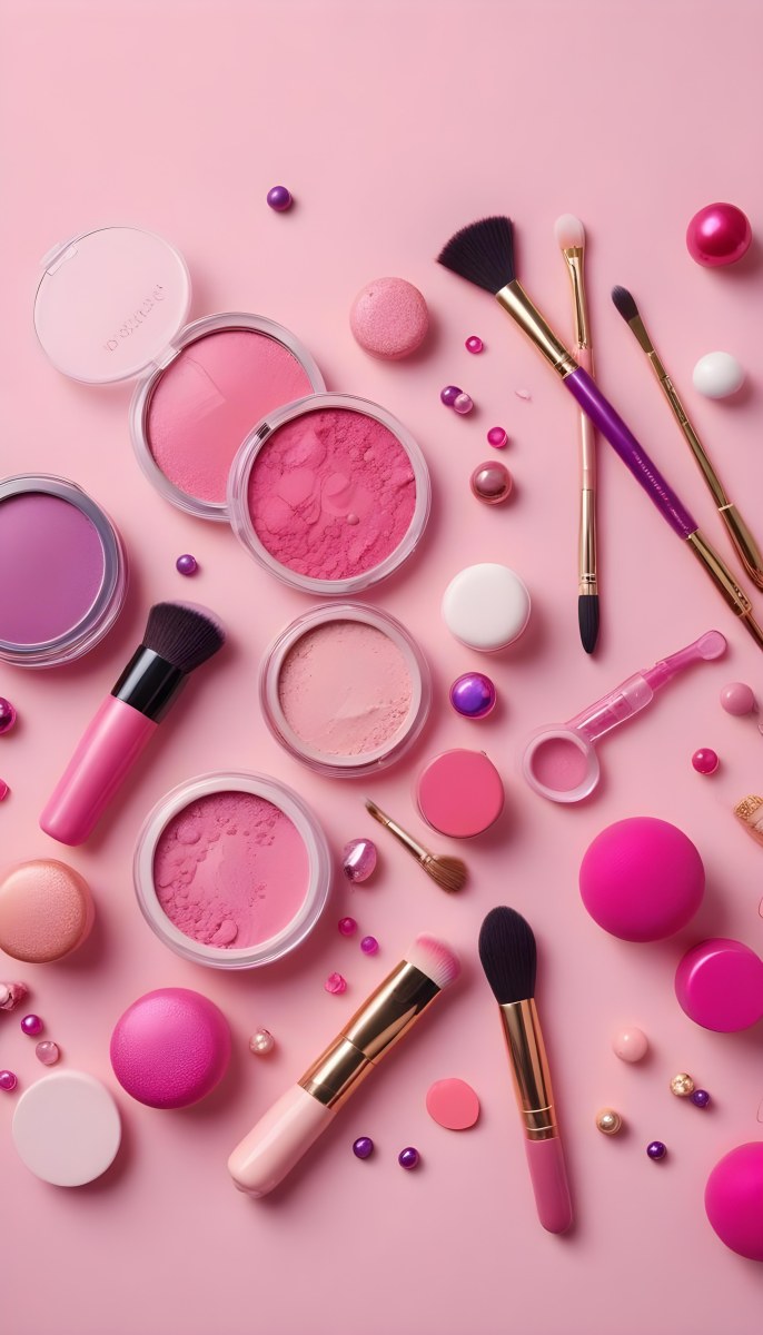 Various Makeup Products In Shades Of Pink Arranged On A Pink Background Including Blush Lip Gloss And Loose Powder Along With Makeup Brushes And Decorative Pink Beads Along With Various Makeup Products In Shades Of P 6 48cc