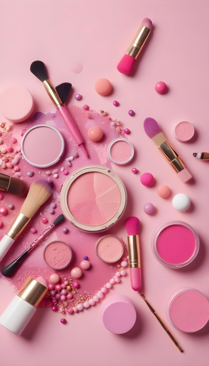 Various Makeup Products In Shades Of Pink Arranged On A Pink Background Including Blush Lip Gloss And Loose Powder Along With Makeup Brushes And Decorative Pink Beads Along With Various Makeup Products In Shades Of P 7 3058