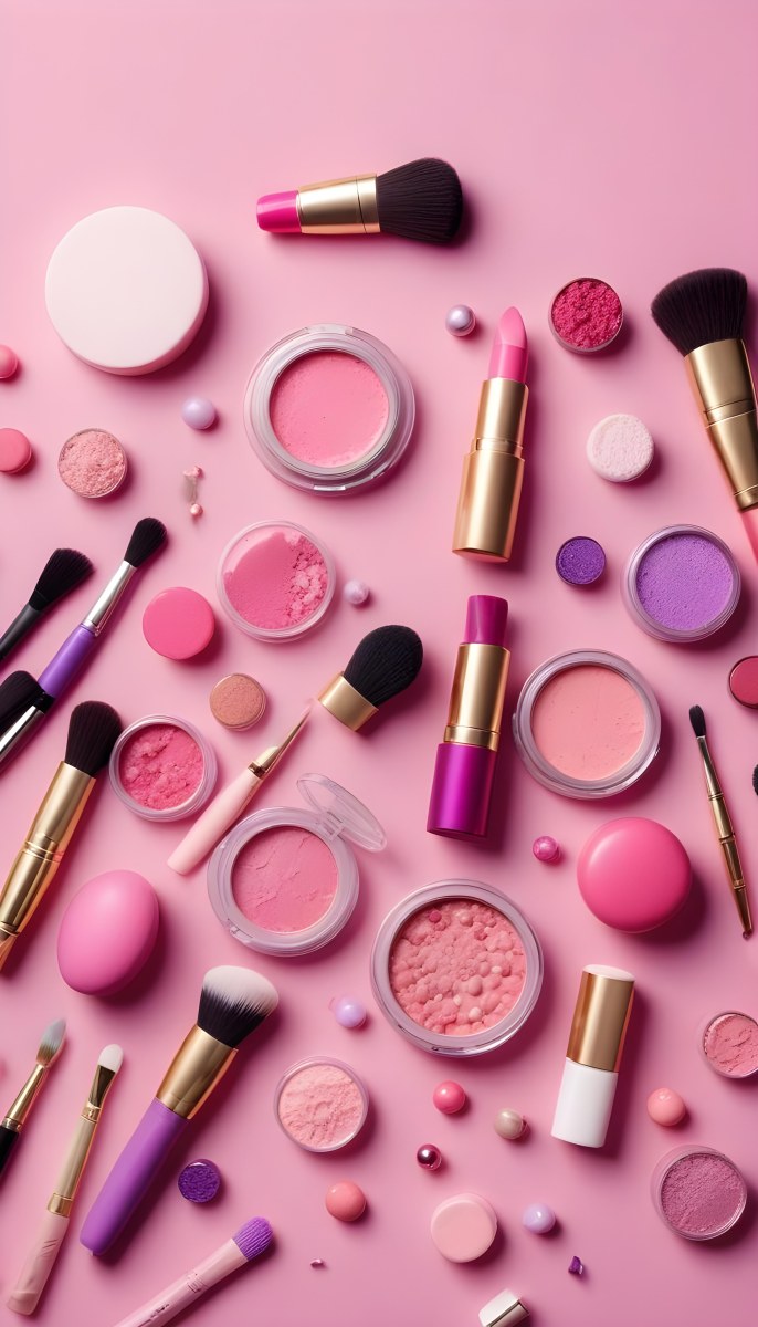Various Makeup Products In Shades Of Pink Arranged On A Pink Background Including Blush Lip Gloss And Loose Powder Along With Makeup Brushes And Decorative Pink Beads Along With Various Makeup Products In Shades Of P 8 C6dd