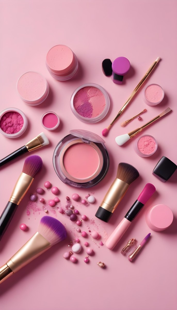 Various Makeup Products In Shades Of Pink Arranged On A Pink Background Including Blush Lip Gloss And Loose Powder Along With Makeup Brushes And Decorative Pink Beads Along With Various Makeup Products In Shades Of P 9 378e
