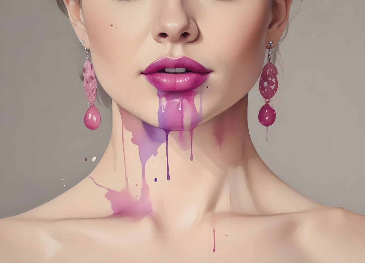 Watercolor Painting White Woman 25 Years Old With Pink Lips And Earrings In A Studio Creative Detailed Brush Stroke Minimal Spalsh 72 A782