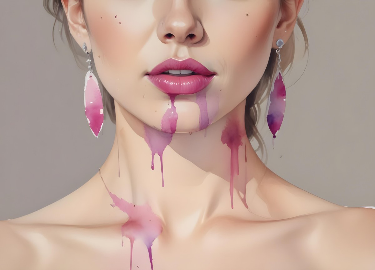 Watercolor Painting White Woman 25 Years Old With Pink Lips And Earrings In A Studio Creative Detailed Brush Stroke Minimal Spalsh 73 A345