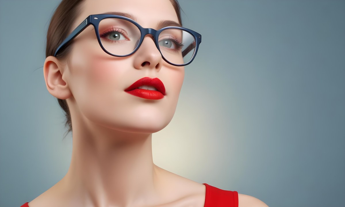 White Woman With Fair Skin 30 Years Old With Red Lips And Red Glasses In A Studio 10 6601