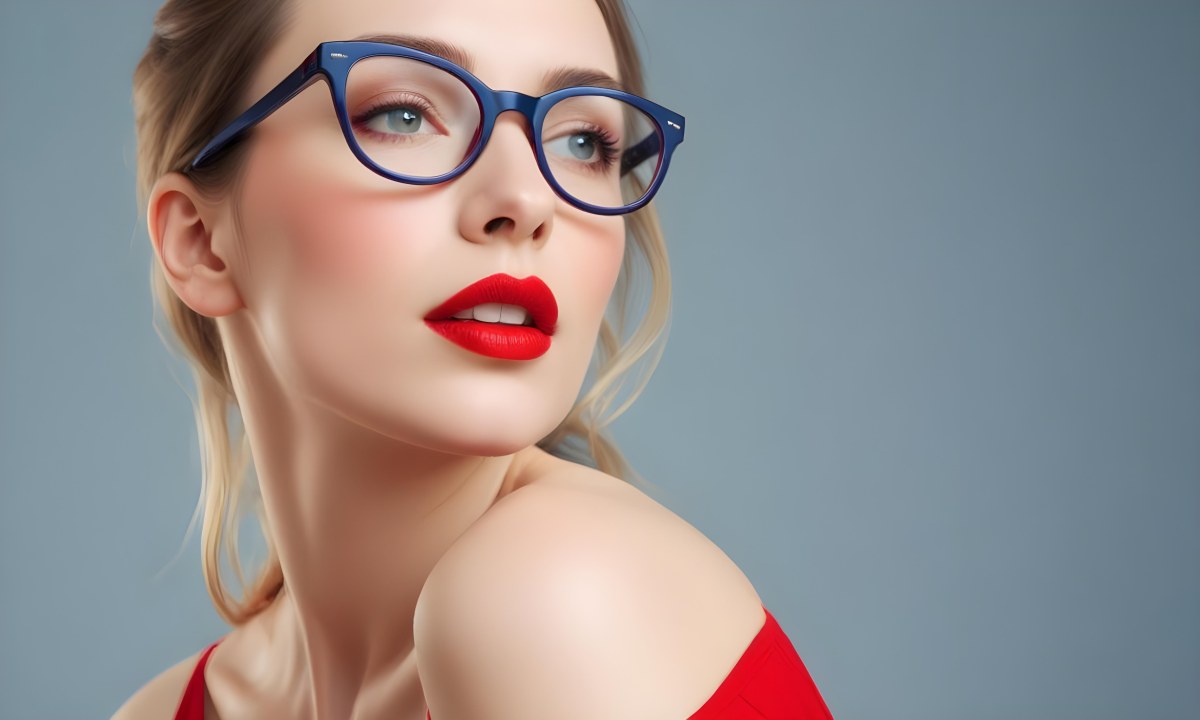 White Woman With Fair Skin 30 Years Old With Red Lips And Red Glasses In A Studio 15 0c20