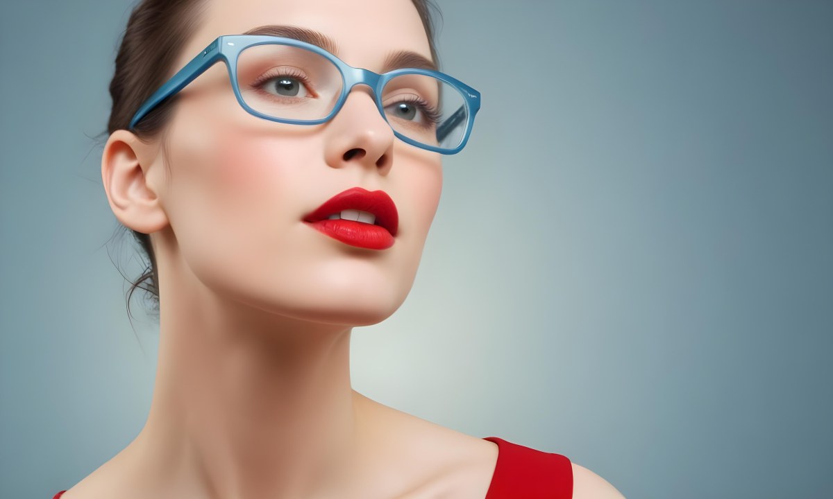 White Woman With Fair Skin 30 Years Old With Red Lips And Red Glasses In A Studio 16 1277