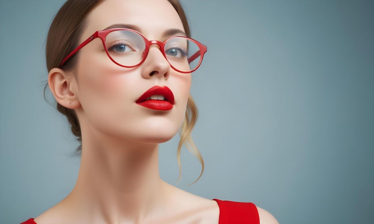 White Woman With Fair Skin 30 Years Old With Red Lips And Red Glasses In A Studio 18 D98a