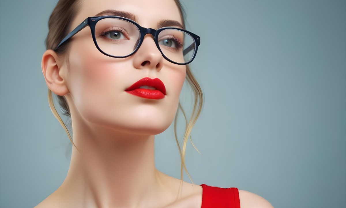 White Woman With Fair Skin 30 Years Old With Red Lips And Red Glasses In A Studio 2 7f80