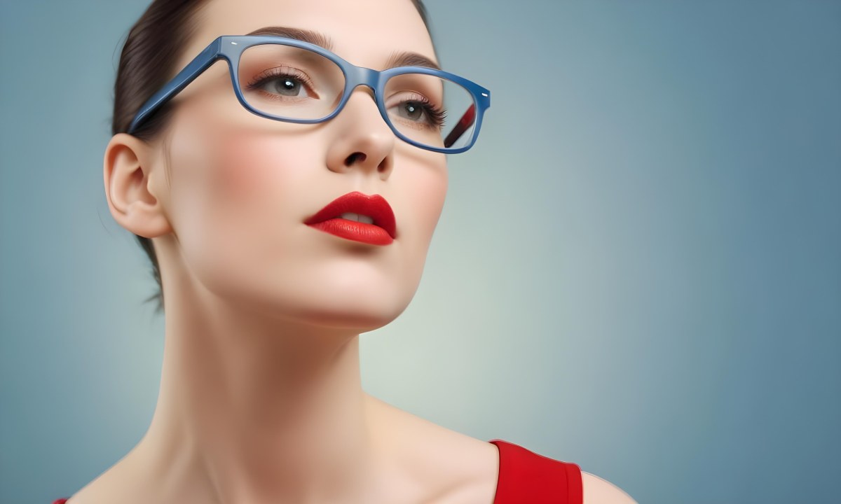White Woman With Fair Skin 30 Years Old With Red Lips And Red Glasses In A Studio 20 Dc9f