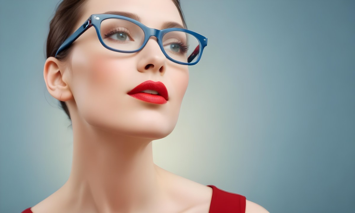 White Woman With Fair Skin 30 Years Old With Red Lips And Red Glasses In A Studio 21 6078
