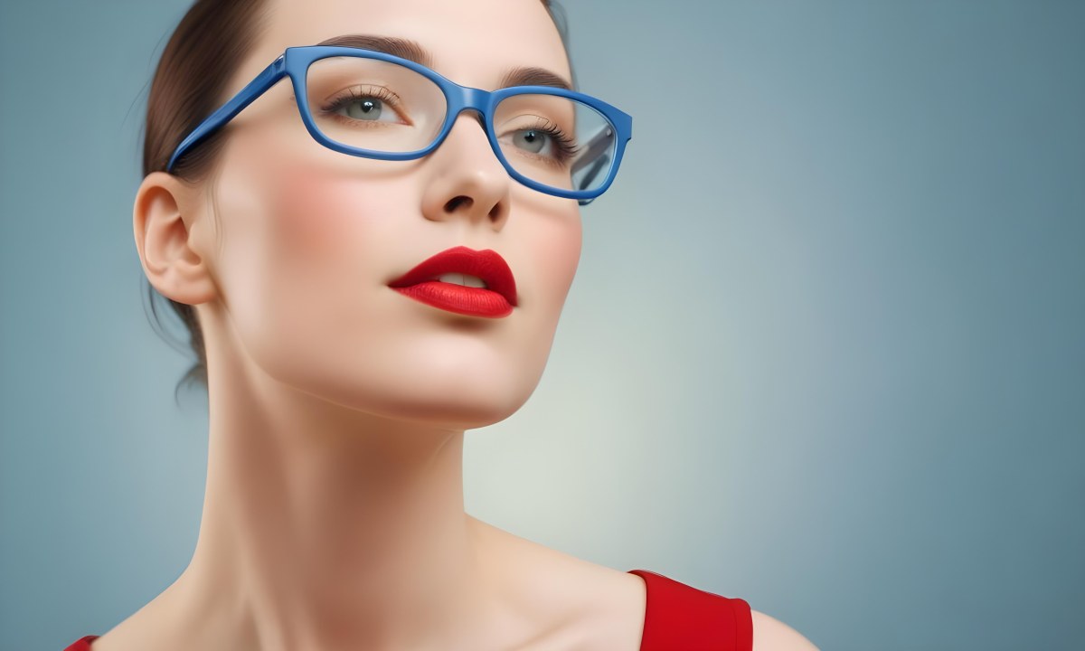 White Woman With Fair Skin 30 Years Old With Red Lips And Red Glasses In A Studio 22 9b59