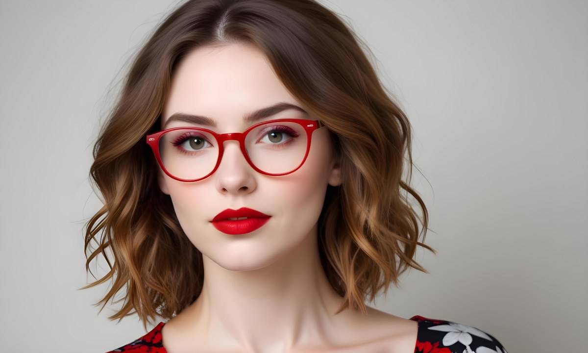 White Woman With Fair Skin 30 Years Old With Red Lips And Red Glasses In A Studio 3 77b3
